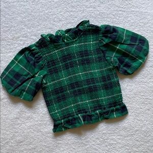 Janie and Jack Plaid Smocked Balloon Sleeve Blouse Top, Green/Blue, Girl's 6